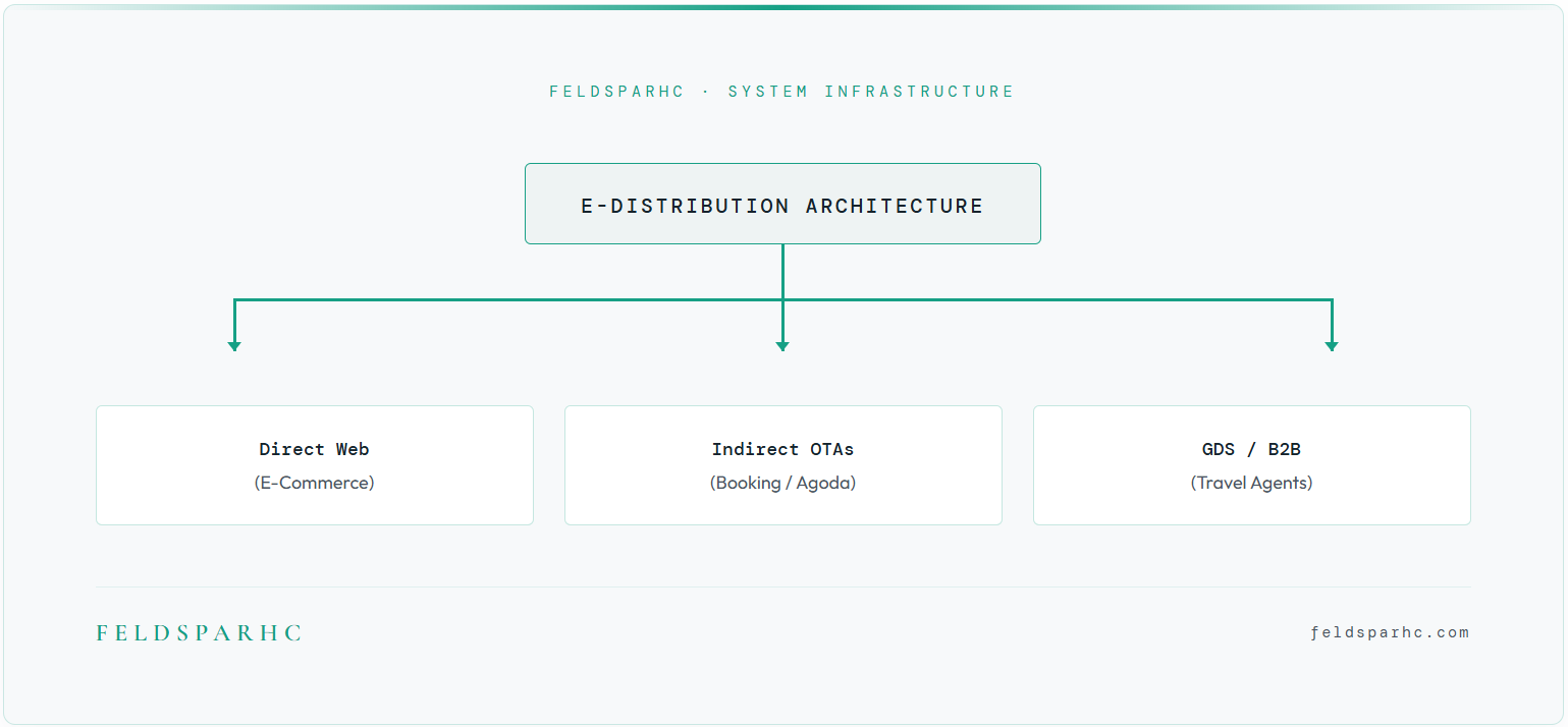 FeldsparHC system infrastructure diagram: E-Distribution Architecture splitting into Direct Web (E-Commerce), Indirect OTAs (Booking / Agoda), and GDS / B2B (Travel Agents)